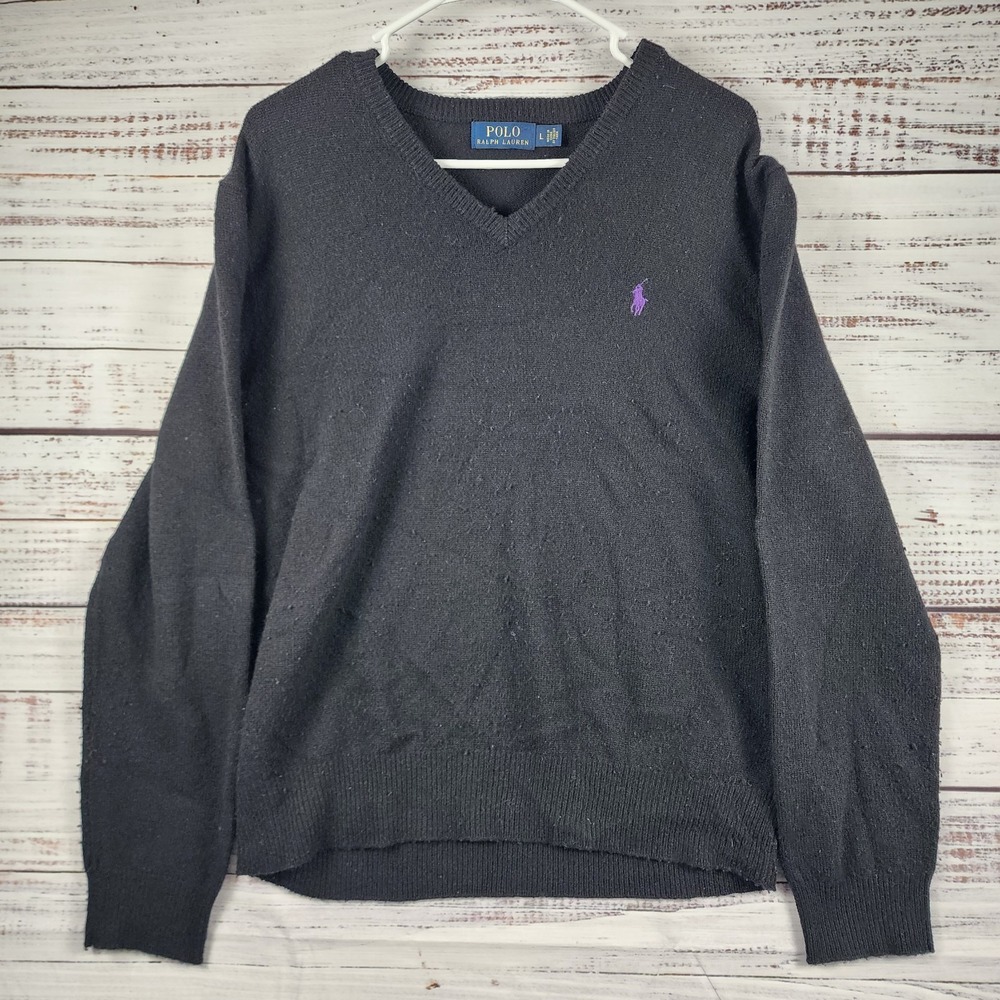Polo Ralph Lauren Wool V-Neck Sweater Mens L Black Purple Pony Italian Yarn